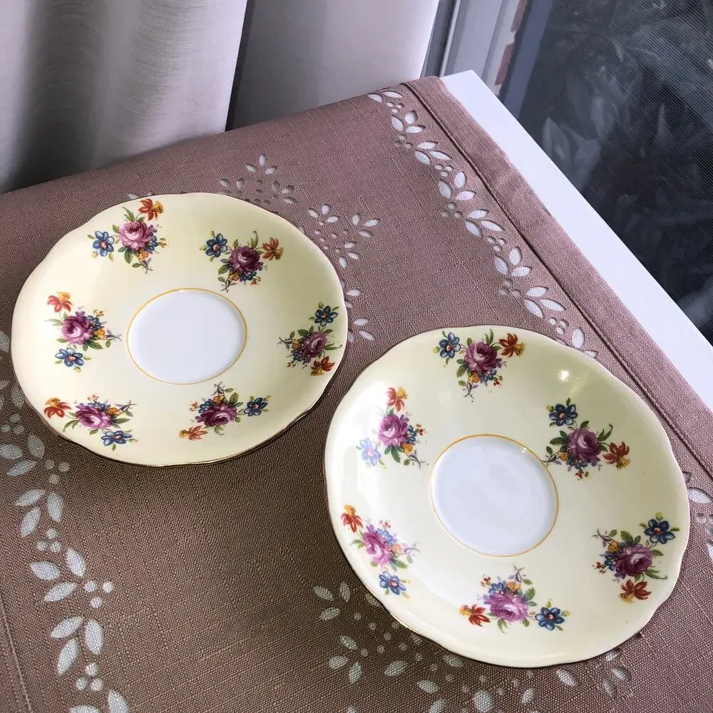 Aynsley Vintage Cream Bone China Floral Print Gold Trim Saucers Set of 2